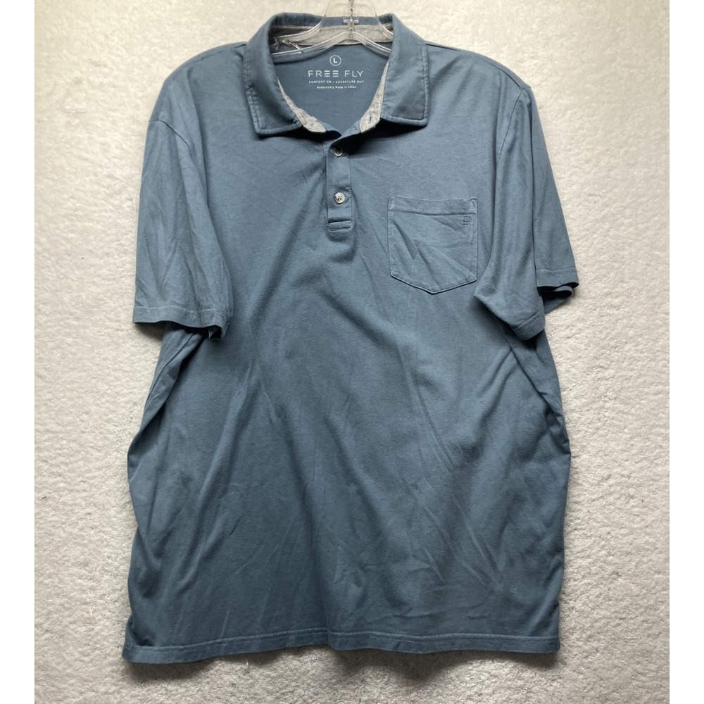 Free Fly Mens Size L Blue Short Sleeve Bamboo Polo Shirt (L2)